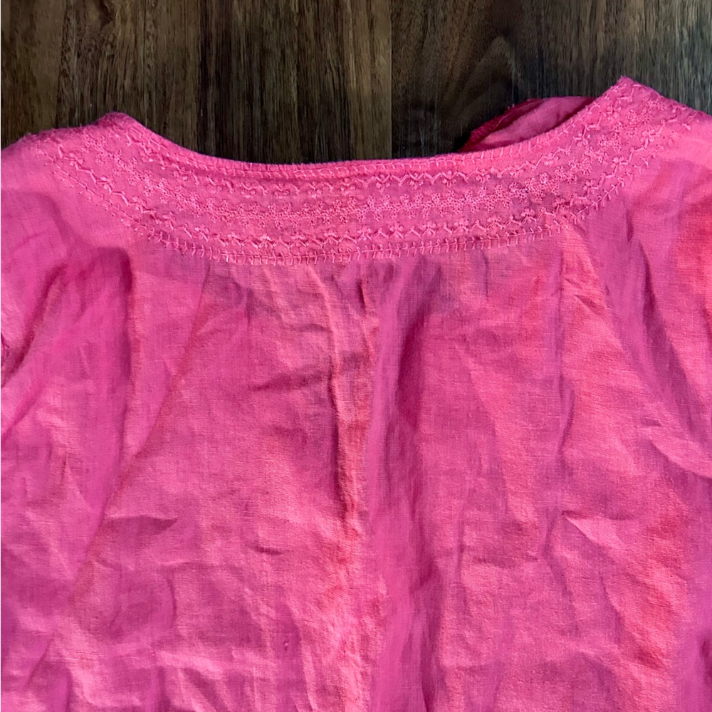 SAINT TROPEZ 100% Linen Embroidered Notch Neck Short Sleeve Top Casual Pink Sz M - Picture 12 of 16